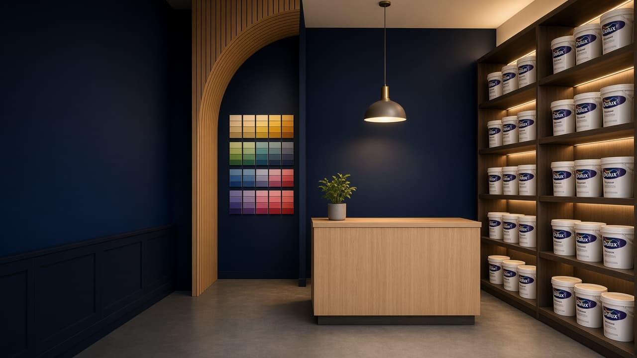 ஷேட் கார்டுகள் மற்றும் பெயிண்ட் வாளிகளுடன் Dulux பெயிண்ட் கடை