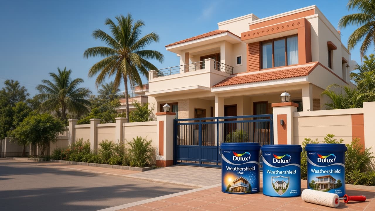 கிரீம் மற்றும் டெரகோட்டா நிற வீடு, முன்னால் Dulux Weathershield வாளிகள்