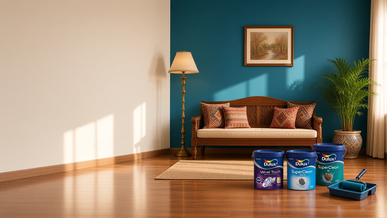 டீல் நிற ஃபீச்சர் சுவர் மற்றும் Dulux Velvet Touch, SuperClean வாளிகள் உள்ள ஹால்